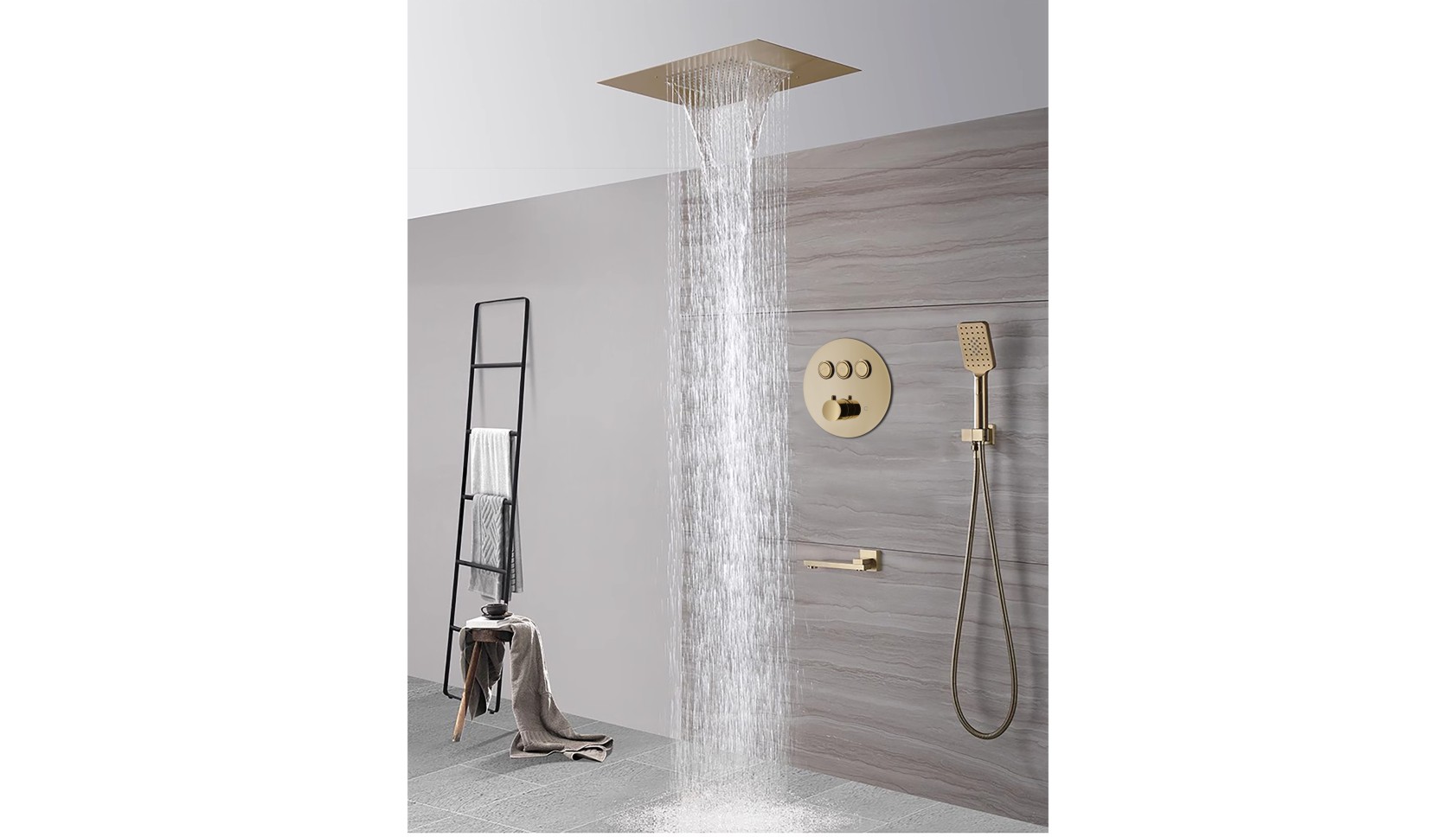 Gold Square Shower System with Rainfall Shower Head, Handheld Body Sprays, Wall Mount Mixer Set